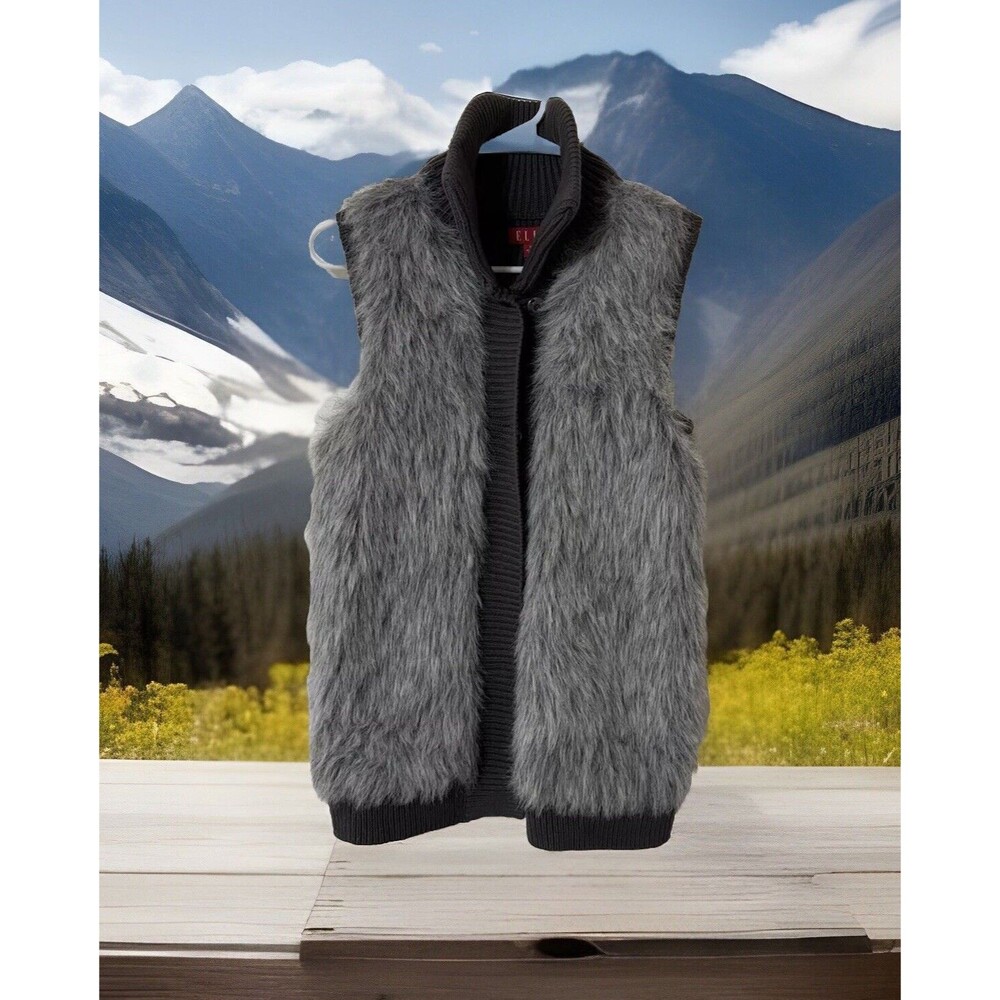 ELLE‎ Sweater Vest Women’s XS Gray Gray Faux Fur Sleeveless Stretch Knit
